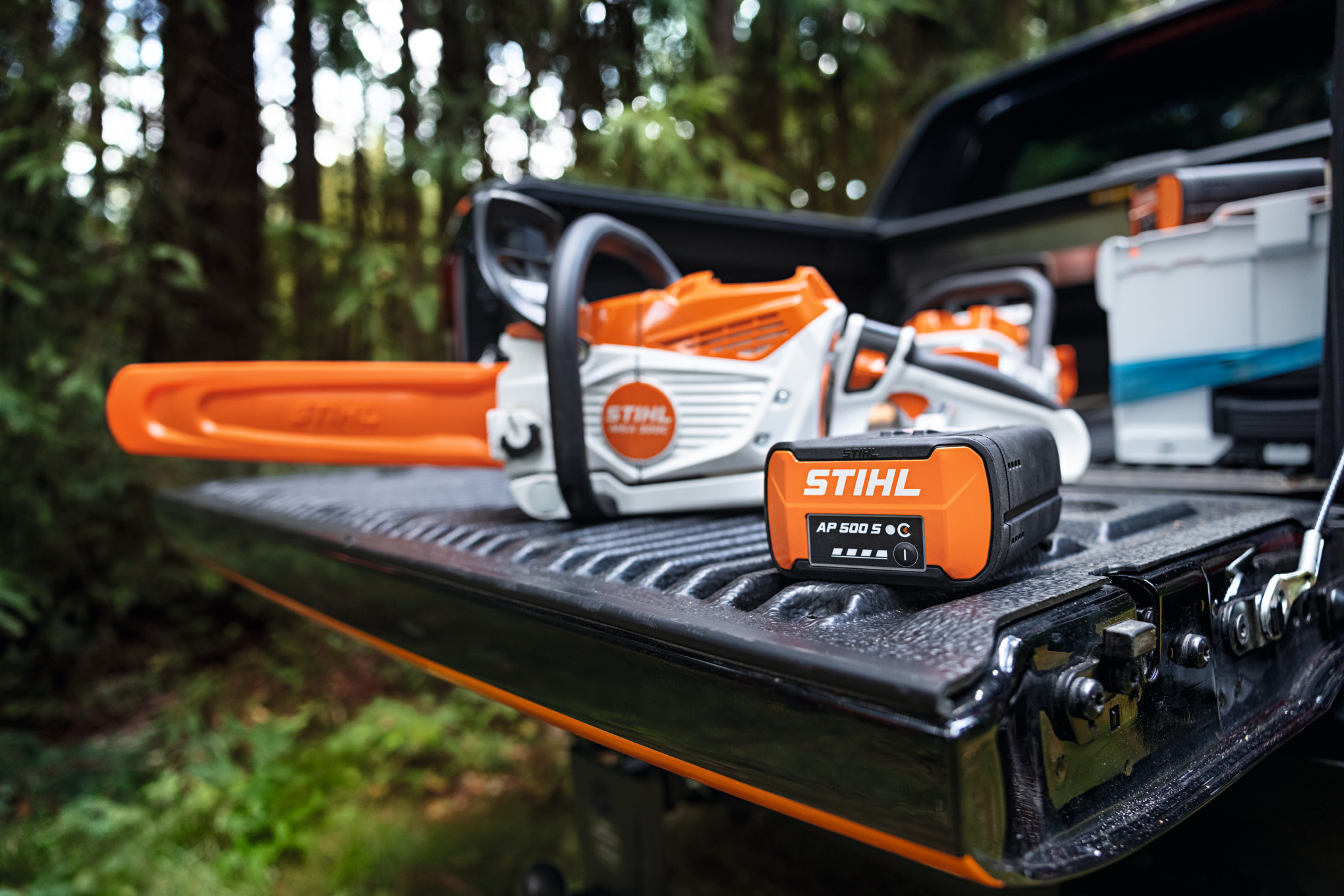The STIHL AP 500 S lithium-ion battery and the STIHL MSA 300 cordless chainsaw 