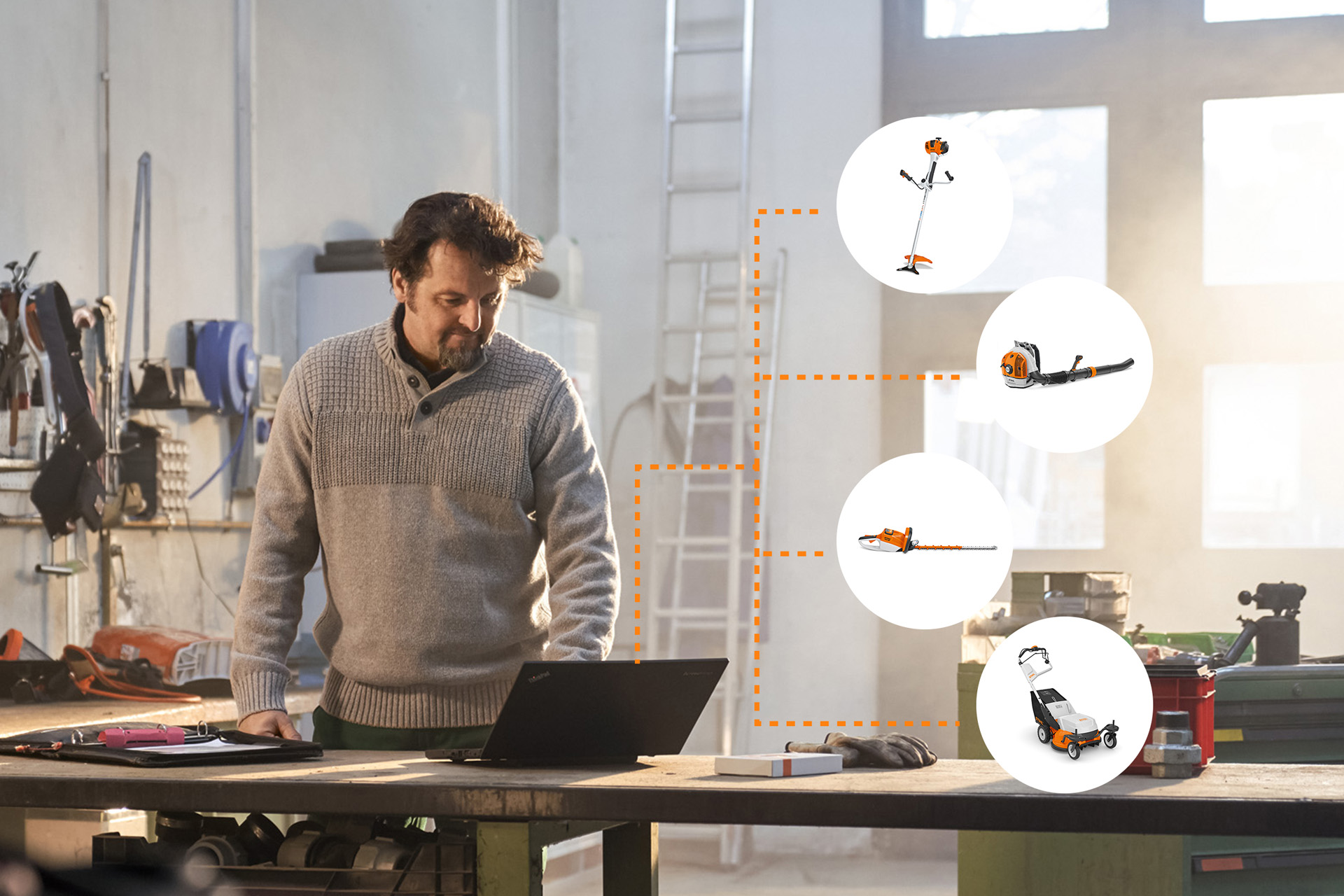A man at a laptop in a workshop; icons with STIHL products symbolising STIHL connected fleet management