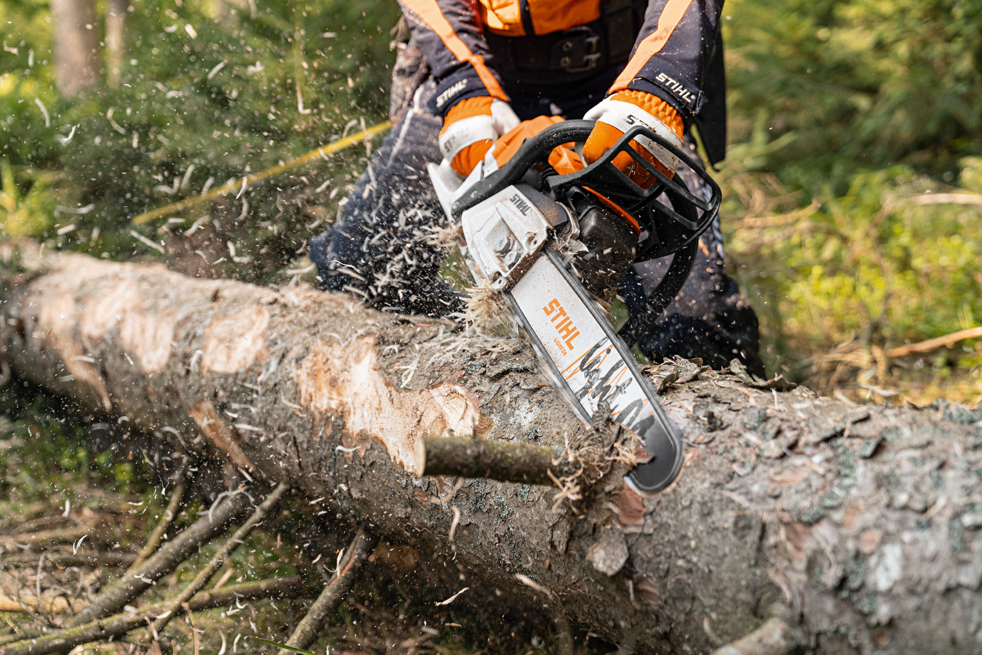 Écorçage d’un arbre à terre avec une tronçonneuse STIHL MS 261 C-M munie d’un moteur 2-MIX et d’un guide-chaîne Light 04