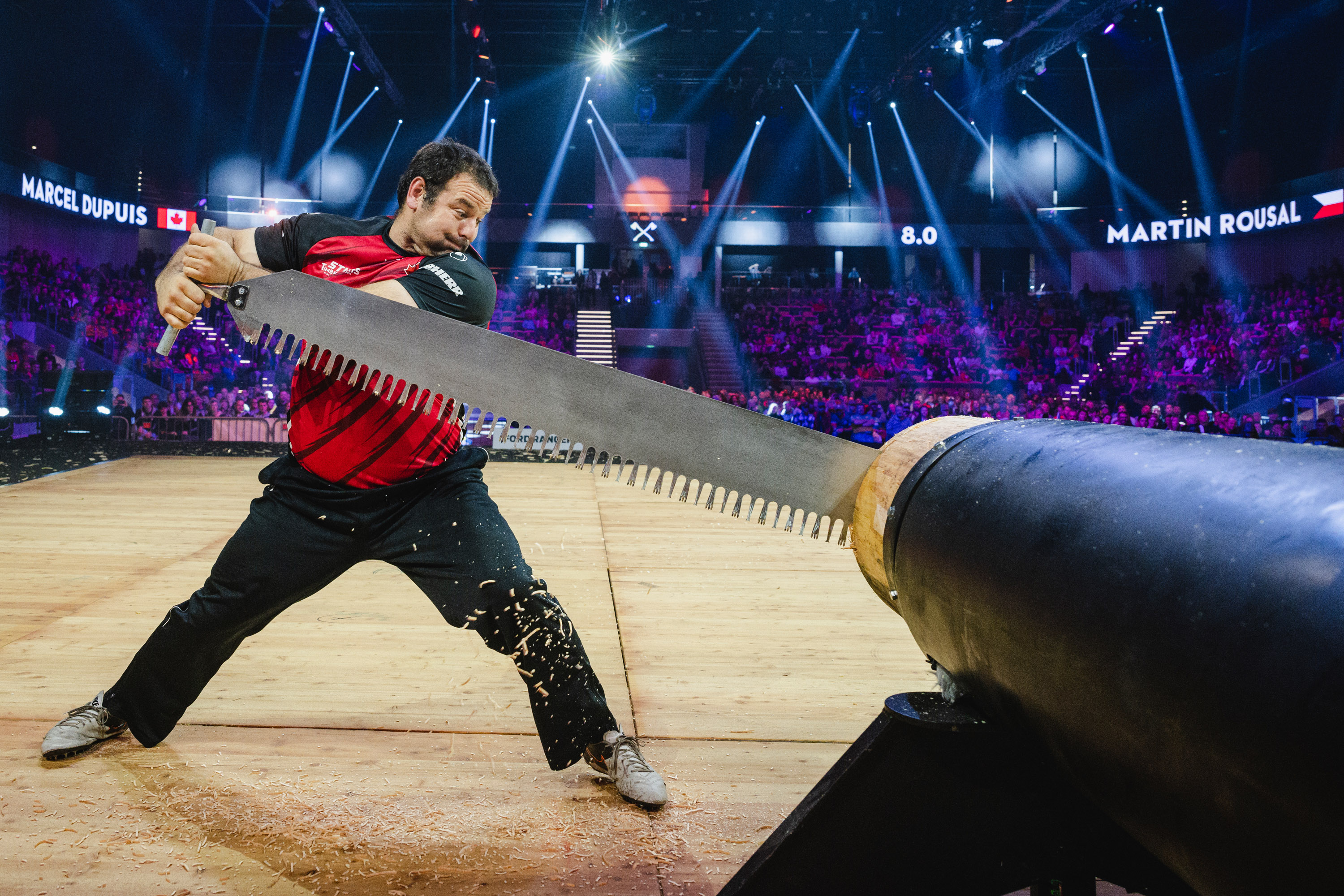 A STIHL TIMBERSPORTS® athlete sawing a tree trunk in a competition 