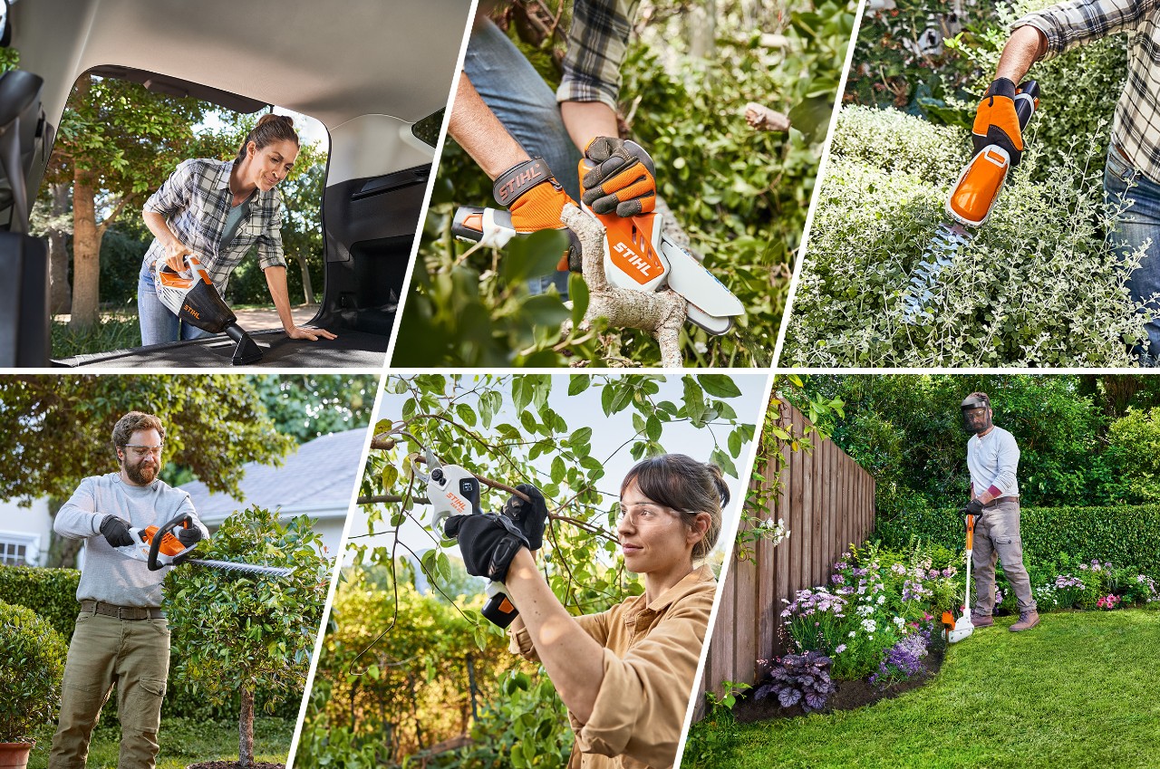 People doing various gardening work, such as trimming hedges and lawn edges using battery power tools from the AS system. Caption: The AS system power tools can be used in a wide range of garden applications 