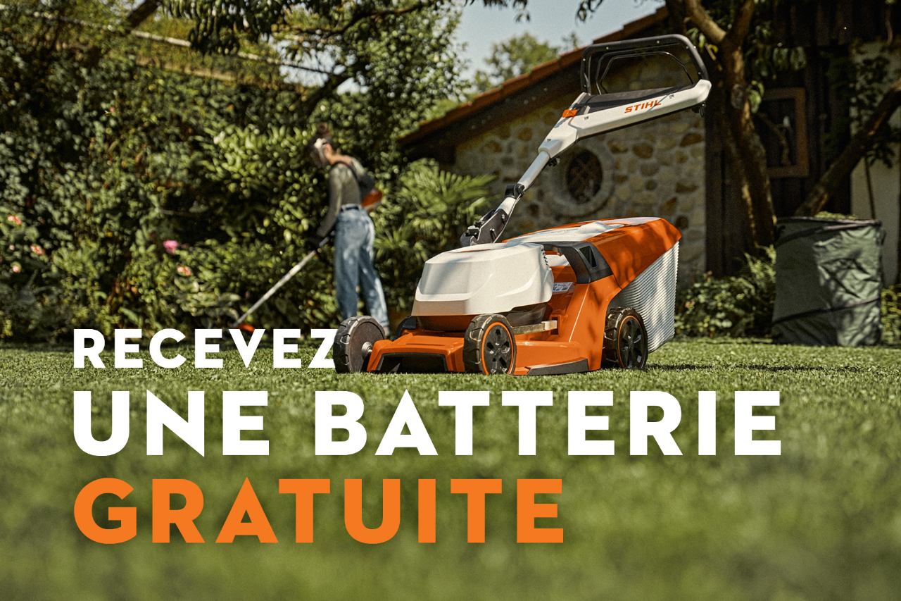 Une personne effectuant des travaux de jardinage avec une tondeuse à gazon STIHL.