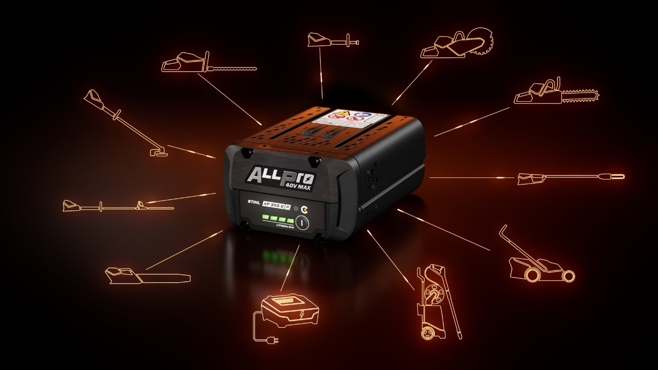 Batterie STIHL ALLPRO AP 300.0 P C avec différents symboles de catégorie de produit indiquant la compatibilité