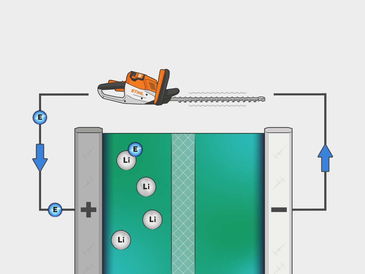 Le processus d'une batterie lithium ion STIHL est représenté de manière imagée dans une illustration. Les électrons circulent de l'anode à la cathode en utilisant l'appareil.